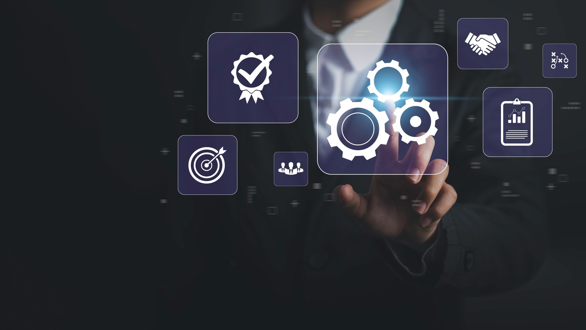 Operation management Business process control optimisation industrial technology and workflow concept. High performance, Problem solving, quality control. Hand touch gears icons .
